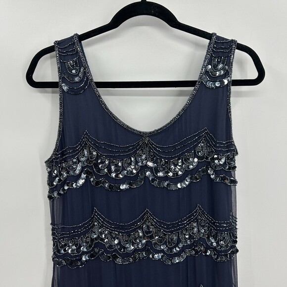 PISARRO NIGHTS Navy Blue Silk Beaded Sequin Cocktail Mother Of The Bride Dress 6 - Picture 4 of 8